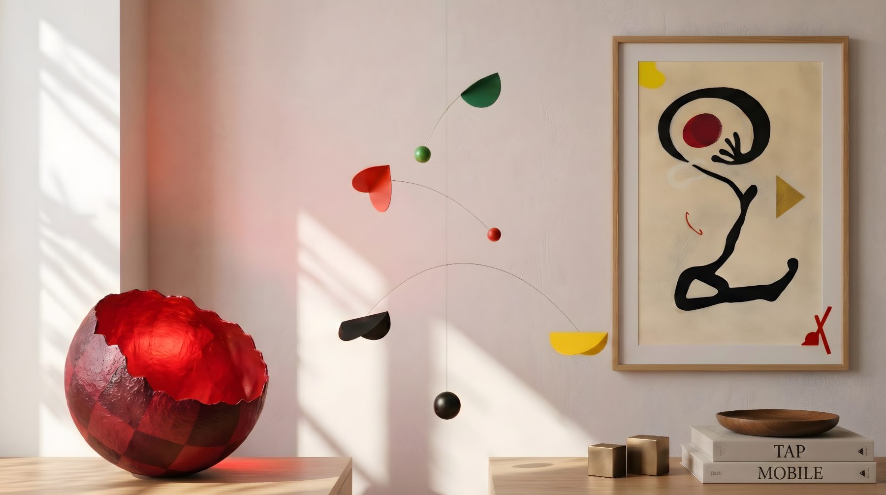 A kinetic glass mobile of coloured shapes in a warm sunlit room